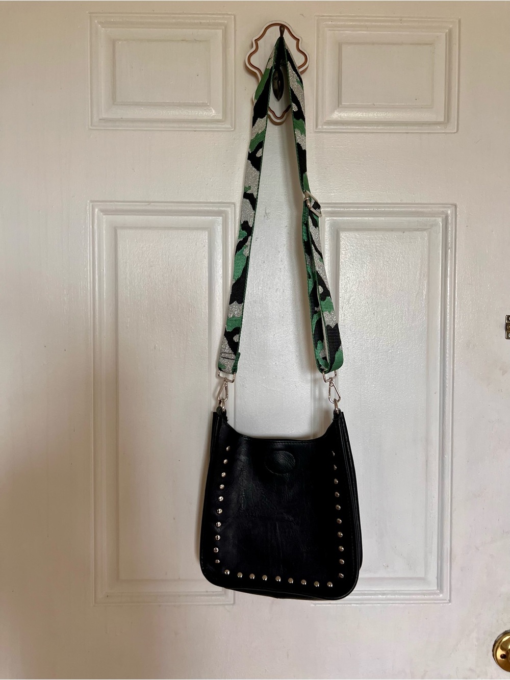 Ah-dorned | Black Studded Crossbody Bag with Green Camouflage Strap